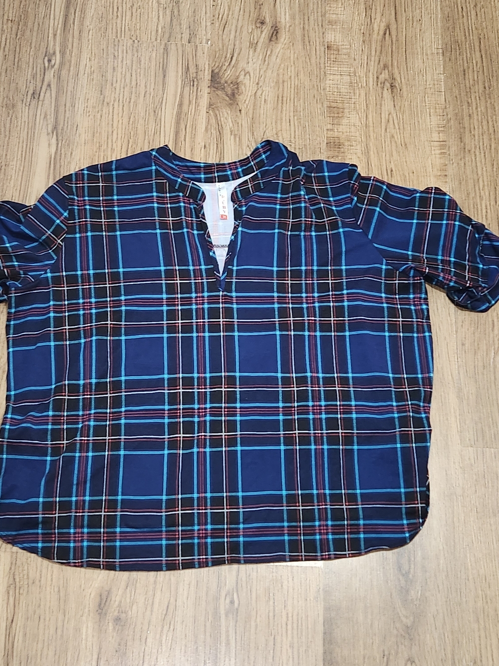 Women's Navy Plaid Split-Neck Blouse